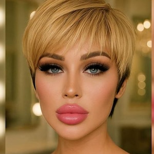 Short Unisex Hairstyle Pixie / Emo / Punk Two Tone - Gold Blonde Mix and Black Color Wig with Bangs, Wigs, Golden Blonde Short Pixie Wig