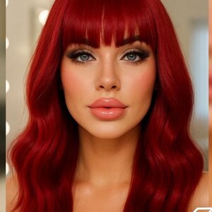Cute Medium Wavy Bob Hairstyle Raspberry Red Color Wig with Bangs, Wigs, Red Wigs, Medium Wavy Red Wigs, Wig for Everyday Wear, Scene Wig
