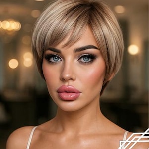 Einzigartige kurze gerade Pixie Frisur Balayage - Goldene blonde / Weiß blonde Mischfarbe Perücke, Perücken, Cat Walk Frisur Mode Perücke