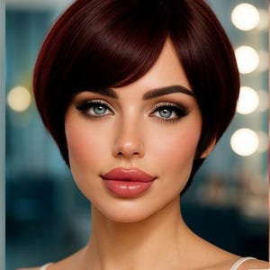 Mooie korte rechte natuurlijke kapsel donkere pruimkleurige pruik met pony, pruiken, pruik voor dagelijks gebruik, scènepruik, retro korte pruik voor vrouwen