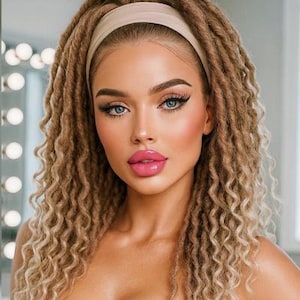 May include: A wig featuring long, light brown, curly dreadlocks styled with a beige headband. The hair has a textured, wavy appearance with lighter blonde highlights throughout. The wig is displayed on a mannequin head with a neutral expression.