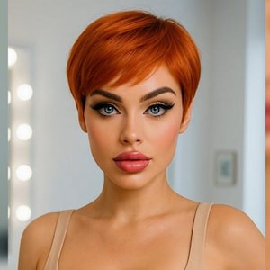Op de afbeelding: Een korte, oranje-rode pruik met een zijwaarts geveegde pony. De pruik is gestyled op een mannequinhoofd met een parelketting. De afbeelding toont ook een vrouw in een beige crop top en rok. Het logo "ELESSA" is zichtbaar.