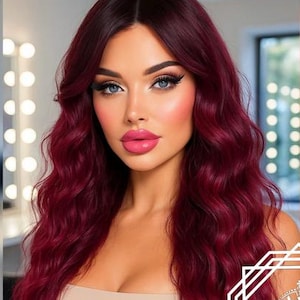 May include: A long, wavy, deep burgundy wig with a side part. The hair features a vibrant red-purple color and a textured, wavy style. A white geometric logo with the text ELESSA and a crown icon is centered over the image of the wig.