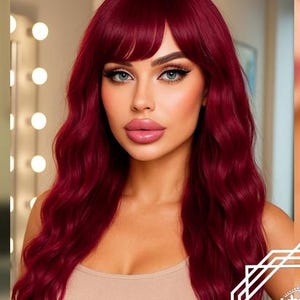 Luxurious Designer Boutique Long Wavy Wig – Extra Volume Retro Style with Soft Bangs, in a Stunning Raspberry Red Shade. vintage charm wig