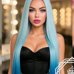 May include: A long, straight synthetic wig featuring a color gradient that transitions from light pastel blue at the roots to a vibrant royal blue at the ends. The wig is displayed on a mannequin head and worn by a model, showcasing a center part.