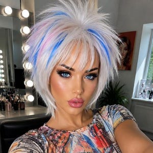 Artistic Short Emo / Punk / Rock Style Wig in a Messy Tousled Look in an Icy White Blonde / Pastel Light Blue / Light Pink Mixed, Cosplay