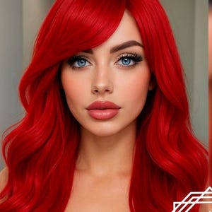 Fantastisk lång söt lockig frisyr i klar eldröd färg med lugg, cosplayperuk, eldröd tjejperuk, emoperuk, sjöjungfru-Ariel-peruk
