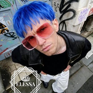 Super Cute Short Straight Hairstyle Ocean Blue Color Wig for Men / Punk / Gothic / Cosplay / Emo / Pixie Fashion Trend, Urban Blue Wig Men