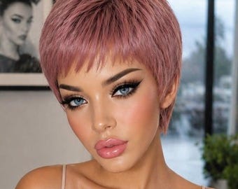 Everyday Short Wig in Ombre Color – Light Brown / Ash Pink with Bangs, Short Pixie / Fashion Short Straight Wig, Stage Wig, Scene Wig