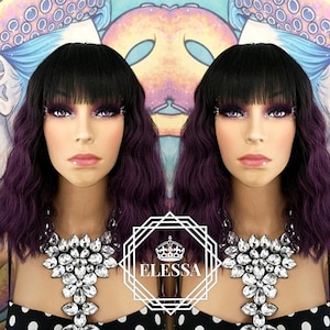 Medium Wavy Bob Hairstyle Ombre - Black Root and Deep Purple Color Wig with Bangs, Wigs, Natural Wigs, Wig for Everyday Wear, Lolita Wig