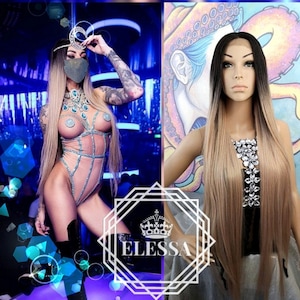 Extra Long Straight Lace Front LUXURY Natural Ombre Black and Ash Pink / Blonde / Salmon Mixed Color Wig 100 cm, Wigs, Stripper Wig, Cabaret