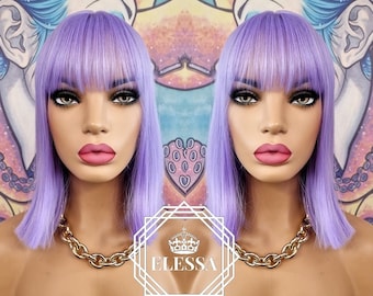 Fantastic Medium Straight Bob Hairstyle Light Sweet Purple Color Wig with Bangs, Wigs, Fairy Wig, Kawaii, Cosplay, Gothic, Punk, Harajuku