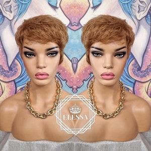 Beautiful Short Daily Fashion Design 100% Remy Human Hair Wig Natural Dark Blonde Color with Bangs, Wigs, Natural Short Remy Human Hair Wig