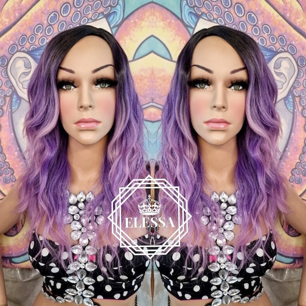 Beautiful Medium Wavy Hairstyle Ombre - Black Root and Purple / Pink Mixed Color Wig with Side Bangs, Wigs, Ombre Medium Wig,  Pastel Wig