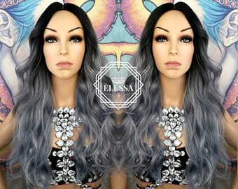 Long Wavy Hairstyle Ombre - Black Root and Silver / Blue Mixed Color Wig, Wigs, Mermaid Wig, Pastel Wig, Cosplay Wig, Wig for Everyday Wear