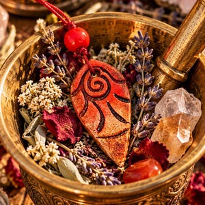 Può includere: Un mortaio con pestello in ottone contenente un ciondolo rosso a forma di foglia su un cordino rosso, rametti di lavanda essiccata, fiori bianchi, petali di rosa rossa, cristalli di quarzo trasparente e una pietra rossa liscia.
