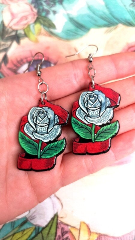 Unique Designer Earrings Roses and Dollars Acrylic Earrings
