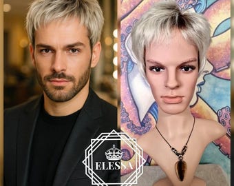 Amazing Short Ombre - Natural Brown Root and  Light Silver Gray Color Wig for Men with Bangs, Wigs, Wig for Men, Wig for Boy, Costume Wig