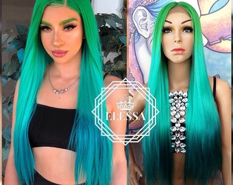 Lace Front LUXURY Long Aqua - Green / Blue / Teal Ombre Wig, Wigs, Wigs, Unicorn, Princess , Mermaid, Drag Queen, Cosplay, Pastel, Kawaii