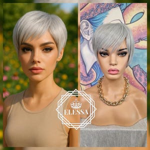 Short Straight Emo / Pixie Sexy Unisex Hairstyle Light Platinum Grey Color Wig with Bangs, Wigs, Short Wigs, Grey Wigs,Wig for Everyday Wear