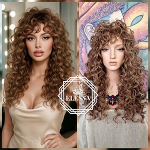 Designer Long Retro Styling Wig with Huge Lush Ocean Curls with Sloppy Bangs in Sand Mix- Brown/Blonde Color, Doll Diva Wig, Performance Wig