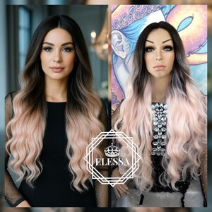 Long Ombre Light Pink Salmon and Root Natural Brown Color Wig, Wigs, Wig with Baby Hair Bangs, High Quality Wig, Sexy Fashion Girl
