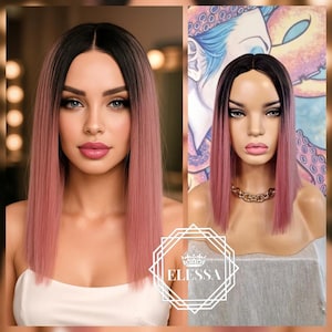 Unbelievable Medium Straight Bob Hairstyle Ombre - Natural Dark Brown almost Black Color Root and Ash Pink / Light Pink Mix,  Natural Wig