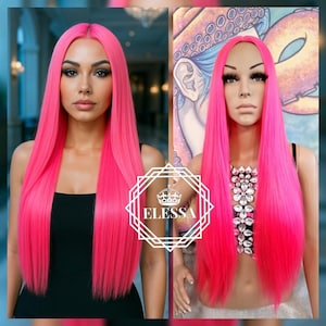 Amazing Long Straight Neon Sweet Pink Hairstyle Wig, Wigs, Neon Pink Wig, Cute Doll Hairstyle, Scene / Party Wig, Drag Queen Wig, Mermaid