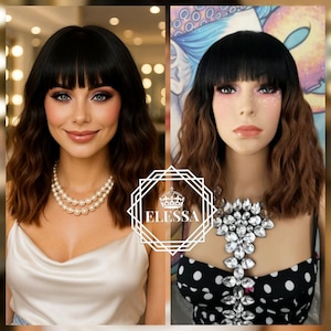 Medium Wavy Bob Hairstyle Ombre - Black Root and Golden Blonde Coffee Mixed Color Wig with Bangs, Wigs, Wigs for Womens, Natural Wigs, Scene