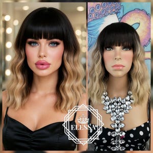 Medium Wavy Bob Hairstyle Ombre - Dark Brown almost Black Root Color with Sand Brown / Milky Blonde Mix With Bangs, Wigs, Wig for Everyday