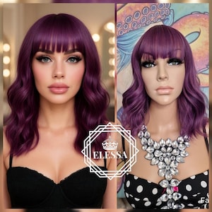 Medium Wavy Hairstyle Beautiful Purple Mixed Color Wig with Bangs, Wigs, Wig for Everyday Wear, Scene Wig, Kawaii Wig, Party Wig, Lolita Wig