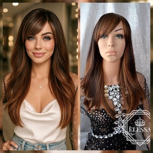Elegant Natural Styled Dark Brown and Light Brown Mixed Color Wig with Bangs, Wigs, Wig for Everyday Wear, Human Hair Look, Lovely Hair Wig
