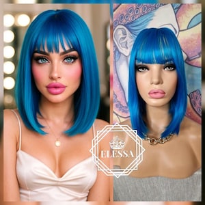 Amazing Medium Straight Bob Hairstyle Fantasy Magic Sea Blue Color Wig with Bangs, Wigs, Fairy Wig, Kawaii, Cosplay, Gothic, Punk, Harajuku
