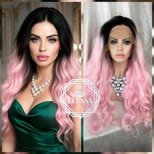 Lace Front LUXURY Long Ombre - Black and Pearl Pink Color Wig, Wigs, Mermaid Wig, Fairy Wig, Party Wig, Cosplay Wig, Scene Wig, Gothic Wig