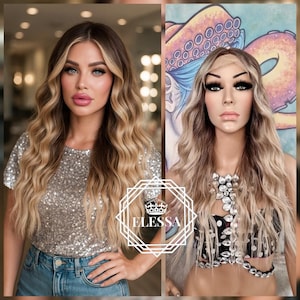 Beautiful Long Curly Hairstyle Lace Front LUXURY Wig Balayage - Natural Brown Root and Ash Blonde / Light Blonde Mix, Wigs, Natural Lace Wig