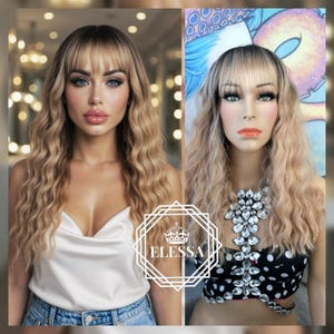 Medium Wavy French Haircut Ombre - Dark Brown Root and Ash Blonde Mixed Color Wig with Bangs, Wigs, Medium Ombre Wig, Natural Wig, Chemo Wig