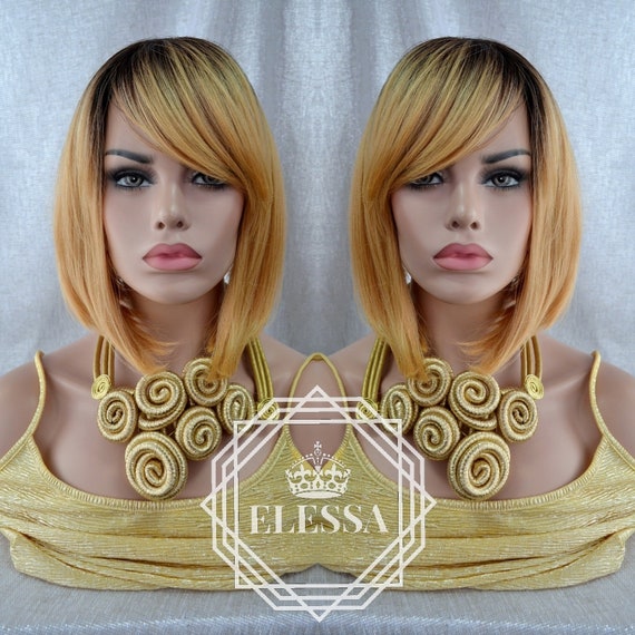 Medium Bob Hairstyle Ombre Golden Blonde With Root Dark Brown Color Wig With Side Bang Sexy Human Hair Look Daily Fashion Wig Natural Wig
