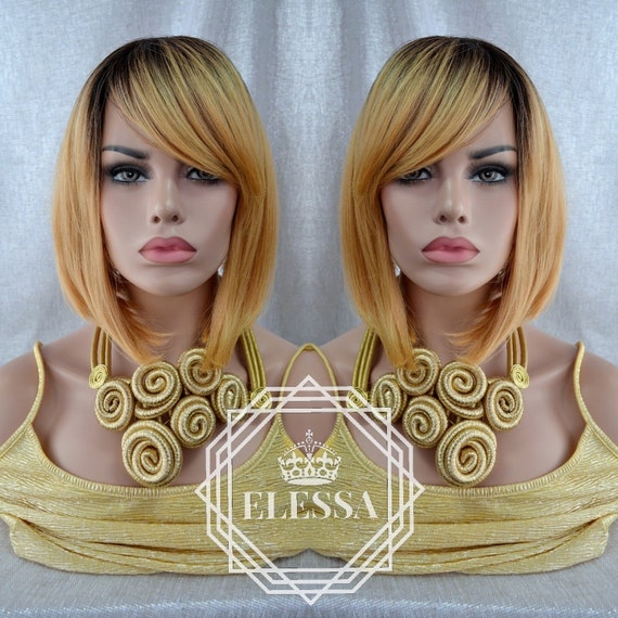 Medium Bob Hairstyle Ombre Golden Blonde With Root Dark Brown Color Wig With Side Bang Sexy Human Hair Look Daily Fashion Wig Natural Wig