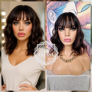 Medium Casual Wavy Hairstyle Mixed - Natural Dark Brown / Caramel Light Brown Color Wig with Bangs, Wigs, Natural Wig, French Hairstyle Wig