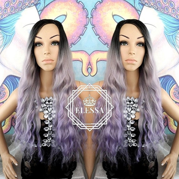 Long Ombre Wavy Wig Wigs Black Gray Purple Long Wig Natural