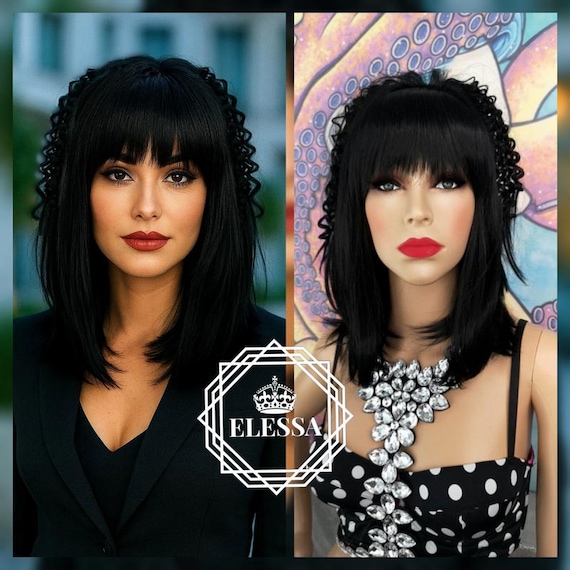 Medium Natural Black Color Wig With Bangs, Wigs, Black Wigs