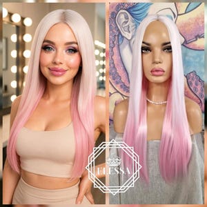 Super Sweet Long Straight Pink Marshmallow Wig with a Glam Touch – Icy Platinum Blonde / Sugar Light Pink Mix, Cute Pink Festival Fantasy