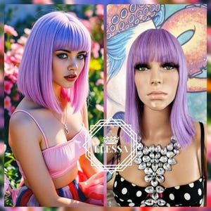 Cute Fairy Medium Bob Straight Hairstyle Light Purple Mix Colored Wig with Bangs, Wigs, Pastel Wig, Kawaii Wig, Cosplay Wig, Lolita Wig