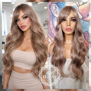 May include: Two images side-by-side showing a long, wavy wig with a fringe. The wig is a light brown shade with a gentle wave. The wig is styled on a person. The logo "Elessa" is in the center of the image.