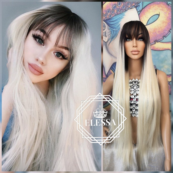 Lace Front LUXURY Long Straight Ombre - Dark Brown Root Almost Black and Light Blonde #613 Color Wig with Bangs, Extra Long Straight Wig