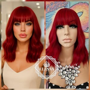 Cute Medium Wavy Bob Hairstyle Raspberry Red Color Wig with Bangs, Wigs, Red Wigs, Medium Wavy Red Wigs, Wig for Everyday Wear, Scene Wig