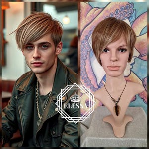 Peruca curta masculina – Balayage loiro castanho claro com corte pixie | Peruca sintética para uso diário para homens | Peruca masculina com aparência natural, peruca emo, peruca punk
