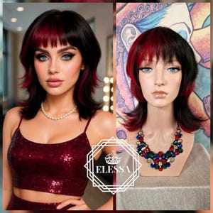 Amazing Medium Retro / Kefal Mullet Hairstyle Wig Black and Red Color With Cute Bangs, Wonderful Hairstyle Retro Chic Wig, Wig for Everyday