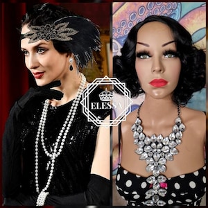 Exotic Grace Womens Wig 1920s Hollywood Waves Hairstyle in Black Color With Side Curls Bangs, Cabaret Wig, Performance Wig, Theater, Opera