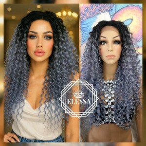 Lace Front LUXURY Long Curly Ombre - Black Root and Smoky Light Blue / Light Azure Color, Wigs, Lace Frontal Ombre Wigs, Sexy Balayage Wig